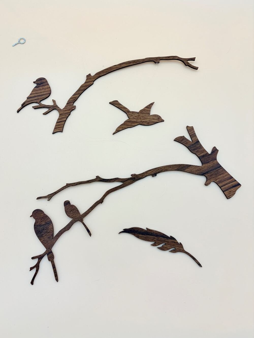 Bird Mobile Wood Branch Decor Laser Cut Walnut Tone Nursery Boho Feather Gift